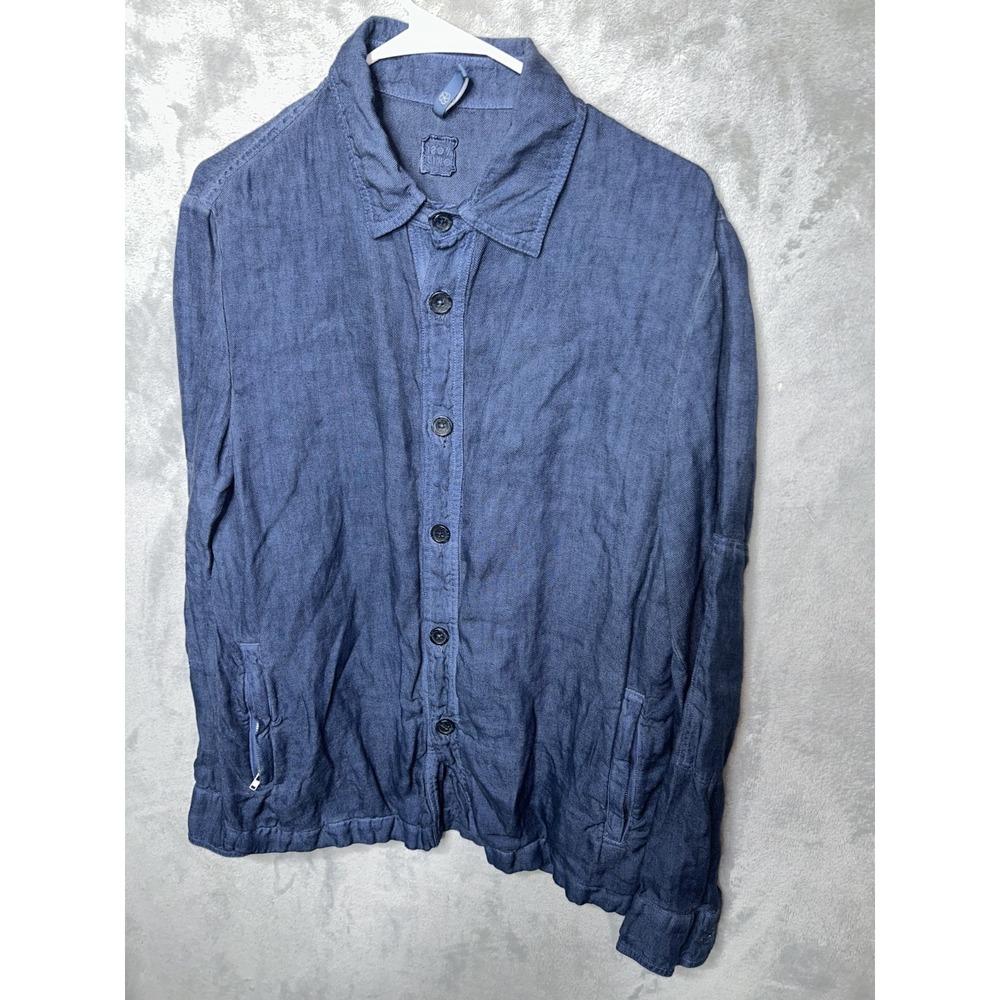 120% Lino Shirt Mens S Blue Linen Long Sleeve Button Up  Elbow Patch zip Pocket